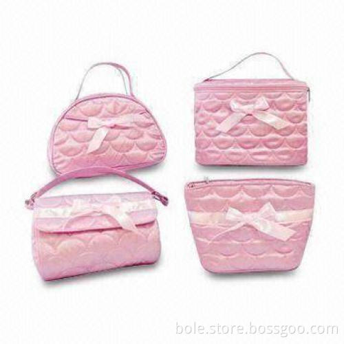 Quilted Satin Cosmetic Bags with Bow Decoration, Available in Various Designs, Colors and Sizes